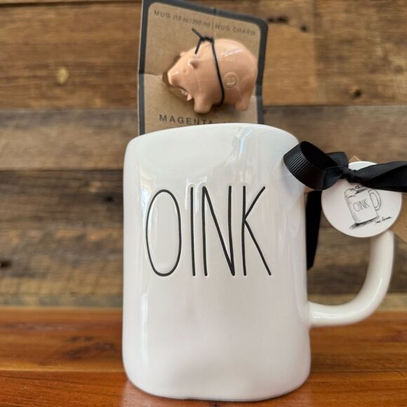 Rae Dunn OINK mug with ceramic pig mug charm 12 OZ NEW - Picture 4 of 9